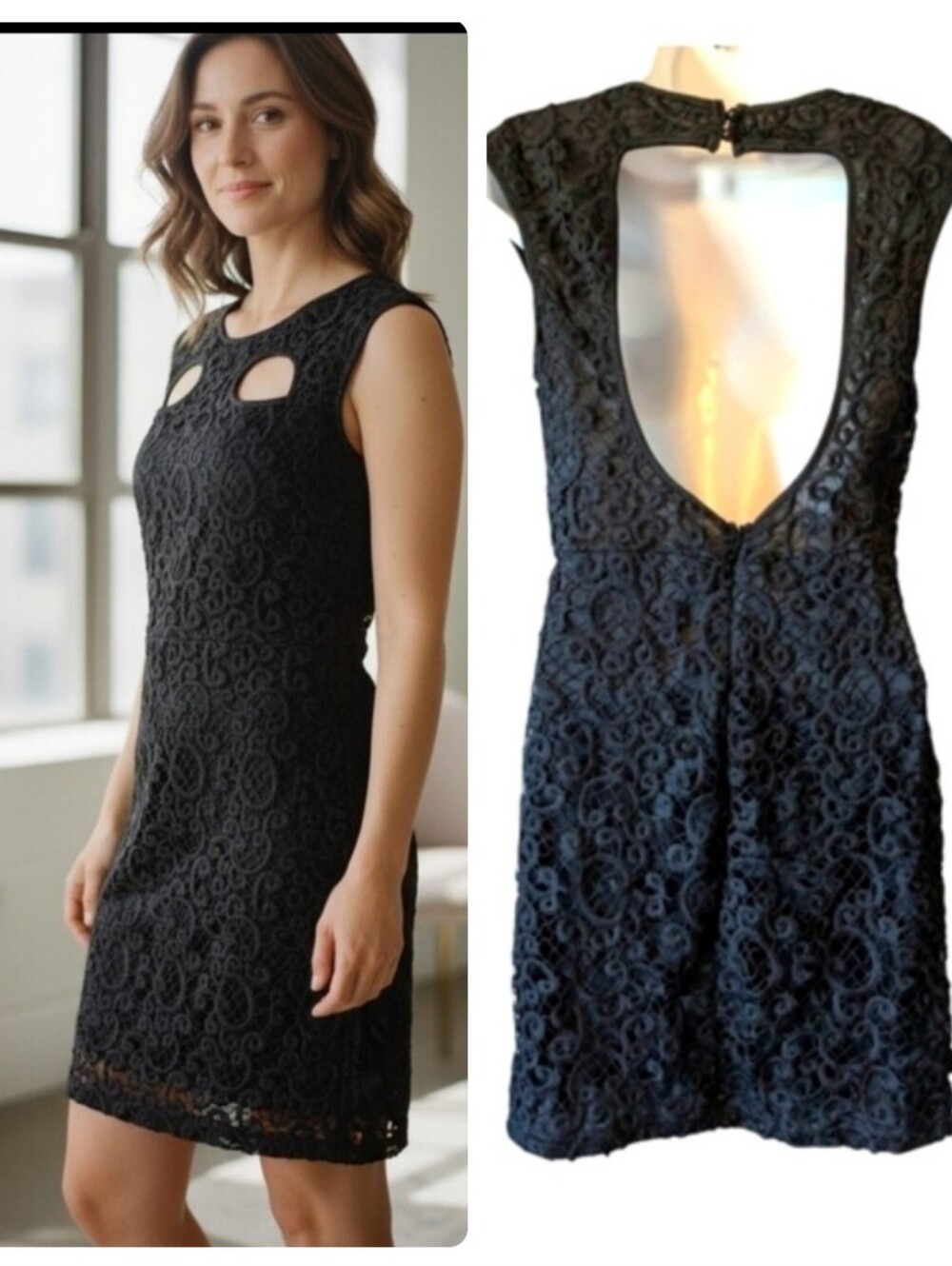 AVEC Les Filles Black Lace Cutout Sheath Mini Little Black Dress Sz.S